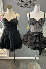 Sparkly Black Spaghetti Straps Corset Short Homecoming Dress