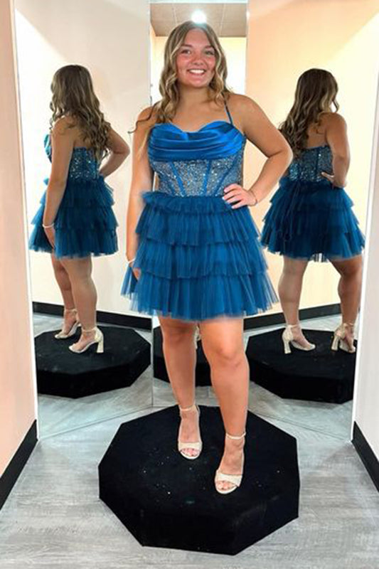 Sparkly Peacock Blue Corset Ruffled Short Homecoming Dress