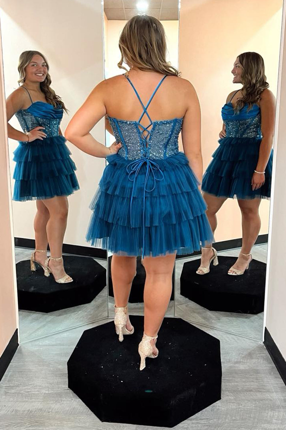 Sparkly Peacock Blue Corset Ruffled Short Homecoming Dress