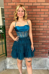 Sparkly Peacock Blue Corset Ruffled Short Homecoming Dress