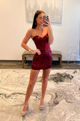 Strapless Burgundy Satin Corset Tight Short Homecoming Dress