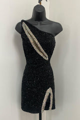 Sparkly Black Sequins One Shoulder Tight Short Homecoming Dress