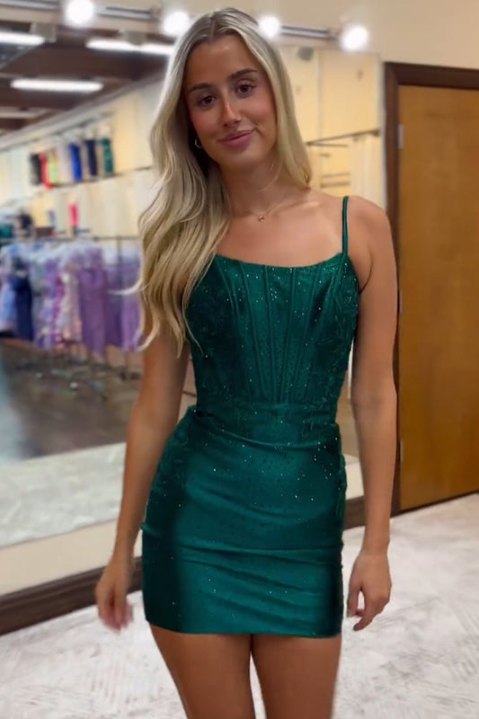 Sparkly Dark Green Bodycon Corset Tight Short Homecoming Dress