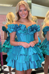 Blue Off The Shoulder Corset Short Homecoming Dress With Ruffles