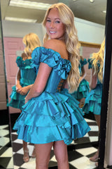 Blue Off The Shoulder Corset Short Homecoming Dress With Ruffles