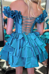 Blue Off The Shoulder Corset Short Homecoming Dress With Ruffles