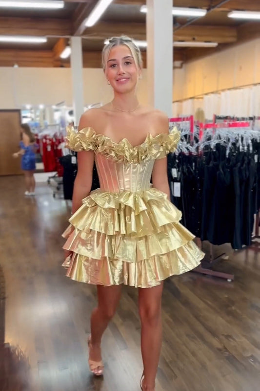 Golden Off The Shoulder Corset Short Homecoming Dress With Ruffles