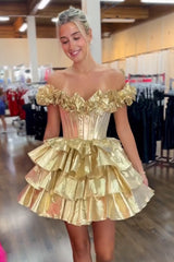 Golden Off The Shoulder Corset Short Homecoming Dress With Ruffles