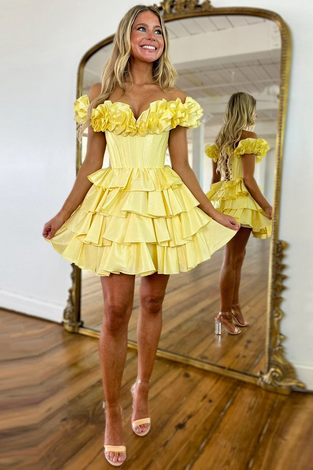 Yellow Off The Shoulder Corset Short Homecoming Dress With Ruffles