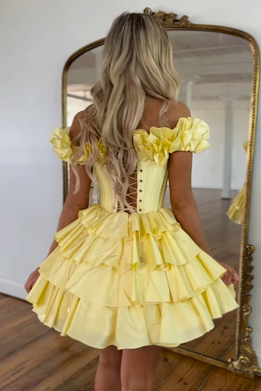 Yellow Off The Shoulder Corset Short Homecoming Dress With Ruffles