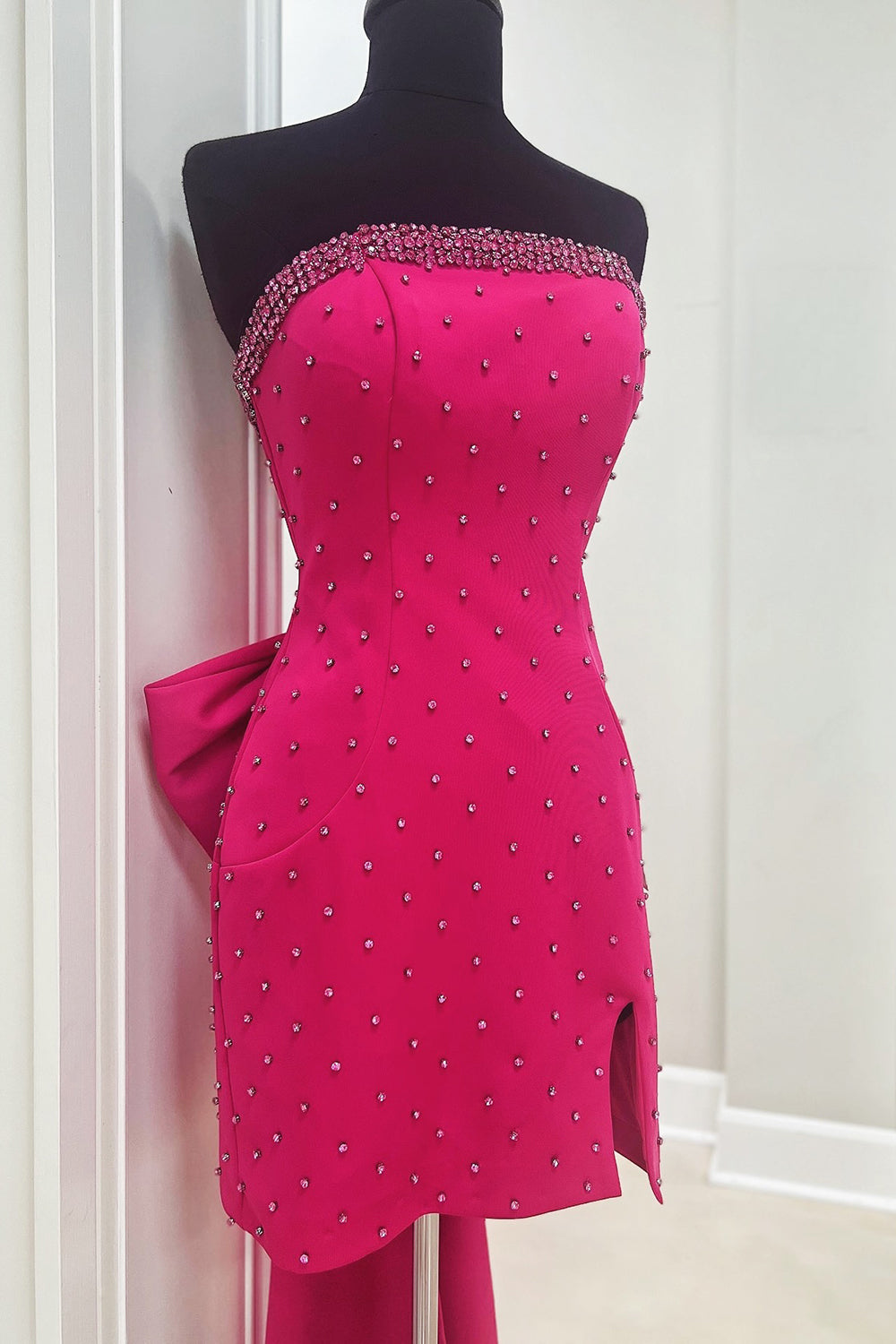 Glitter Fuchsia Beaded Strapless Bodycon Short Homecoming Dress With Bow