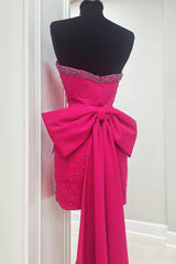 Glitter Fuchsia Beaded Strapless Bodycon Short Homecoming Dress With Bow