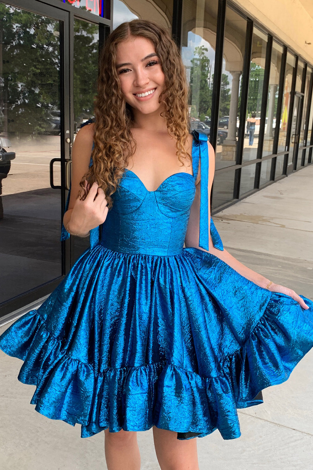 A Line Spaghetti Straps Blue Tiered Short Homecoming Dress with Bows