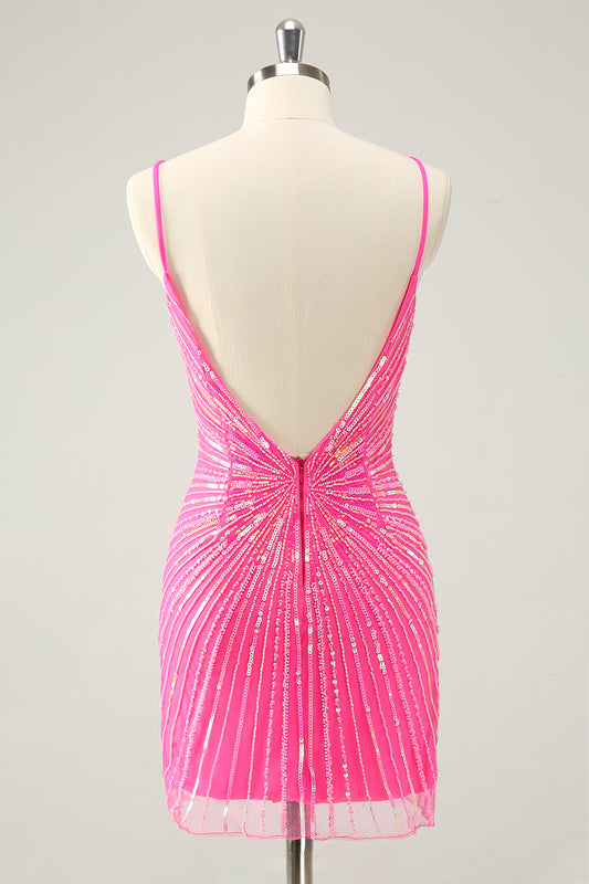 Sparkly Sequins Fuchsia Spaghetti Straps Tight Short Homecoming Dress