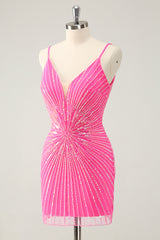 Sparkly Fuchsia Spaghetti Straps Tight Short Homecoming Dress with Sequins 