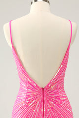 Sparkly Fuchsia Spaghetti Straps Tight Short Homecoming Dress with Sequins 