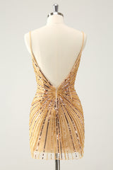 Sparkly Golden Backless Spaghetti Straps Tight Short Homecoming Dress