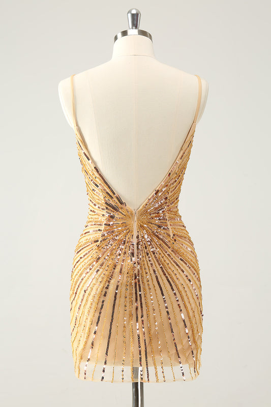 Sparkly Golden Sequins Spaghetti Straps Tight Short Homecoming Dress