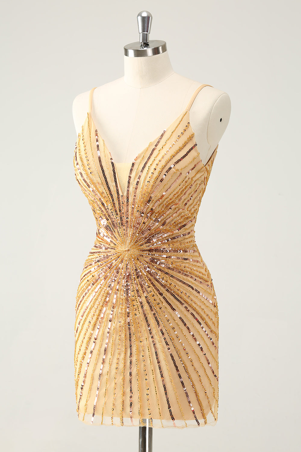 Sparkly Golden Backless Spaghetti Straps Tight Short Homecoming Dress