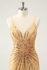 Sparkly Golden Backless Spaghetti Straps Tight Short Homecoming Dress