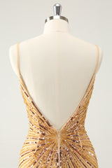 Sparkly Golden Backless Spaghetti Straps Tight Short Homecoming Dress