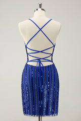 Sparkly Royal Blue Spaghetti Straps Tight Short Homecoming Dress with Sequins