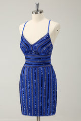 Spaghetti Straps Royal Blue Tight Short Homecoming Dress with Sequins