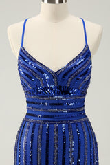 Sparkly Royal Blue Spaghetti Straps Tight Short Homecoming Dress with Sequins