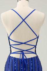 Spaghetti Straps Royal Blue Tight Short Homecoming Dress with Sequins