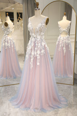 Grey Pink A Line Backless Long Prom Dress With Appliques