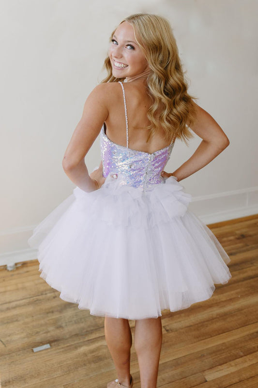 Sparkly White Sequins Spaghetti Straps Short Homecoming Dress