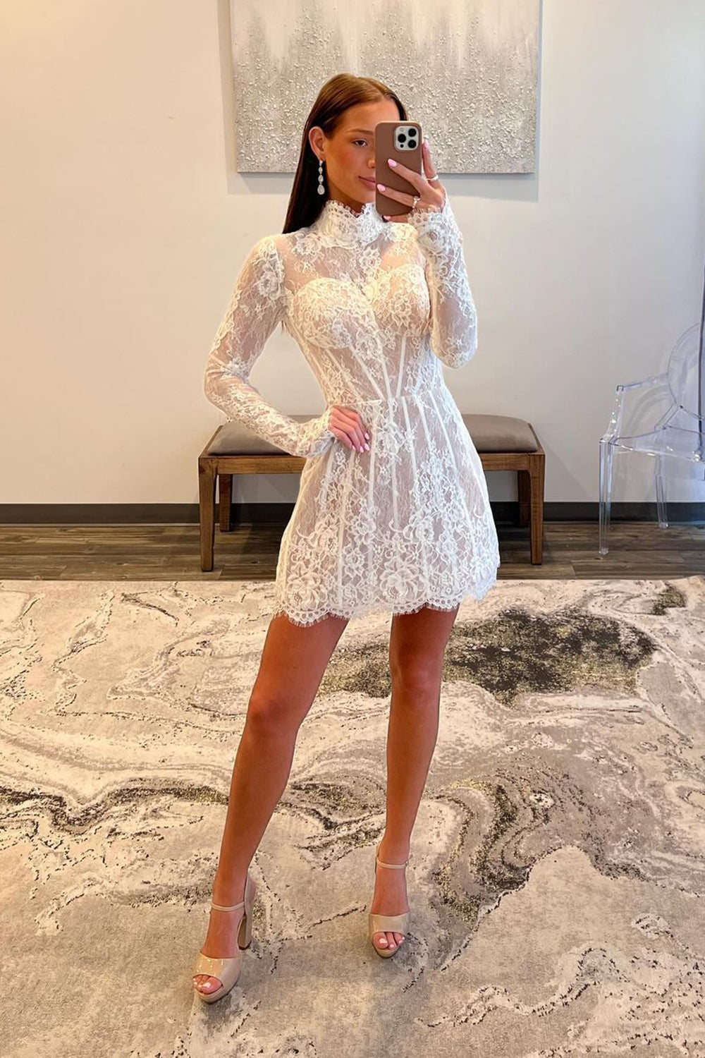 White Long Sleeves A Line Short Homecoming Dress With Lace