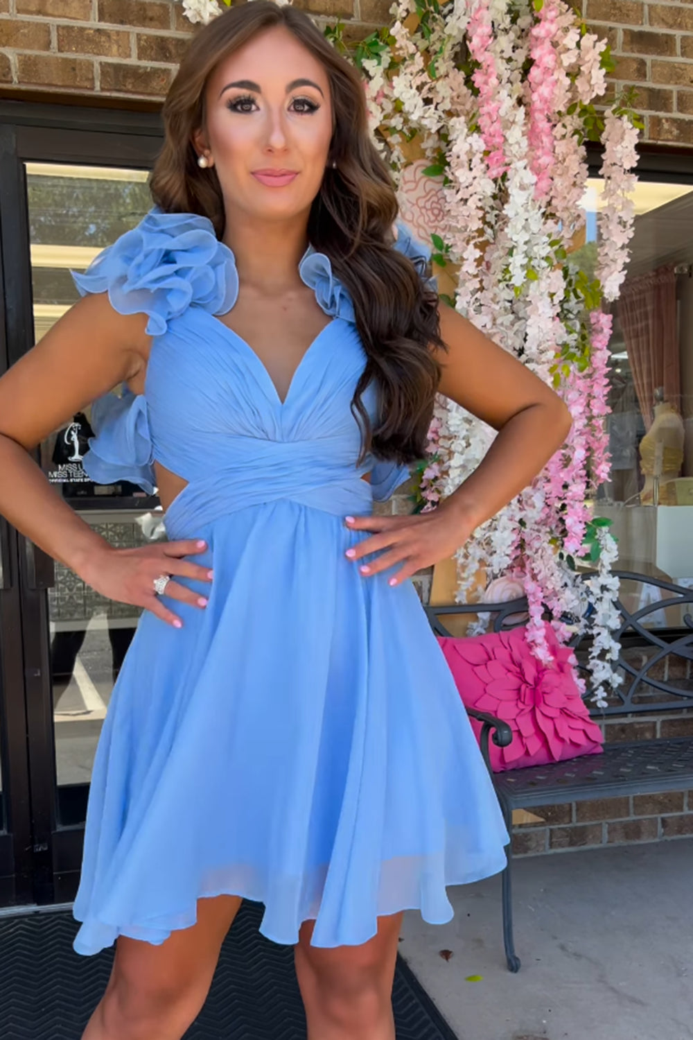 A Line Blue Floral Short Homecoming Dress