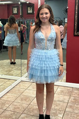 Fluffy Royal Blue A Line Halter Tiered Short Corset Homecoming Dress