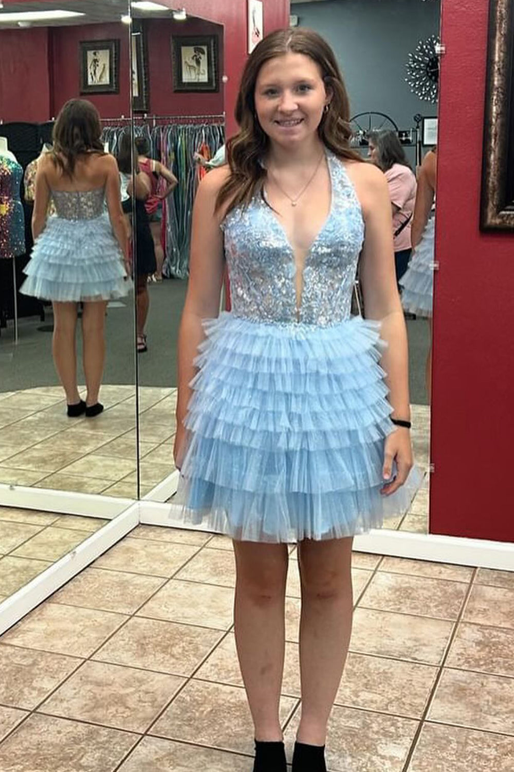 Fluffy Light Blue A Line Halter Tiered Short Corset Homecoming Dress