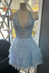 Fluffy Light Blue A Line Halter Tiered Short Corset Homecoming Dress