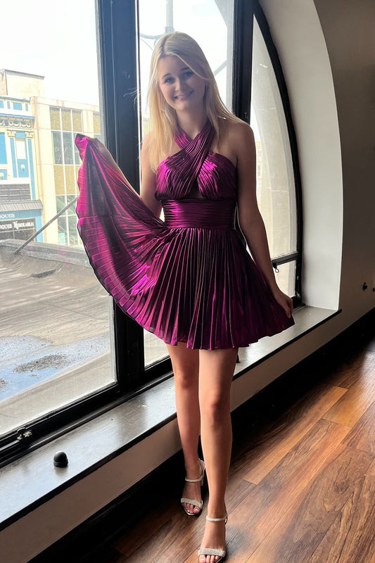 Fuchsia Criss Cross Halter A Line Satin Short Homecoming Dress