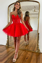 Sparkly Red Strapless Corset A Line Short Homecoming Dress With Beadings