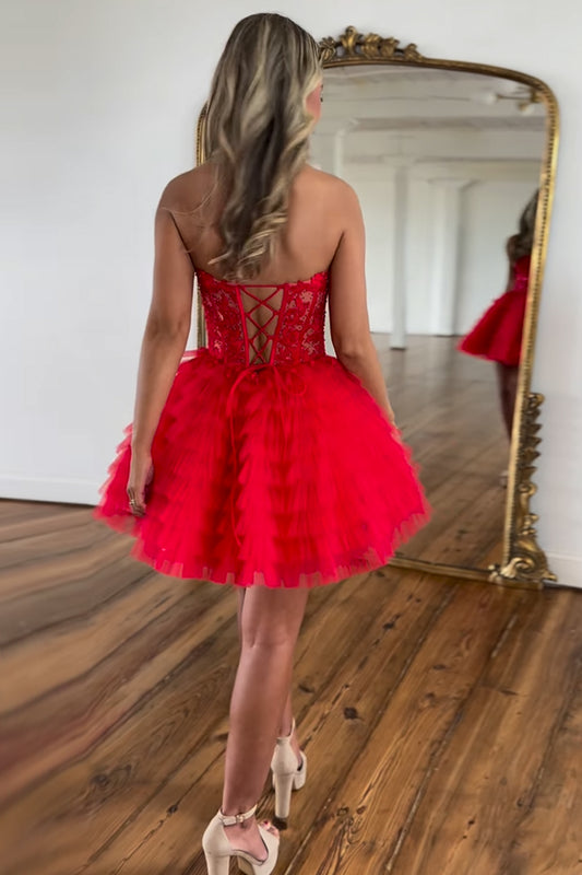 Sparkly Red Strapless Corset A Line Short Homecoming Dress With Beadings