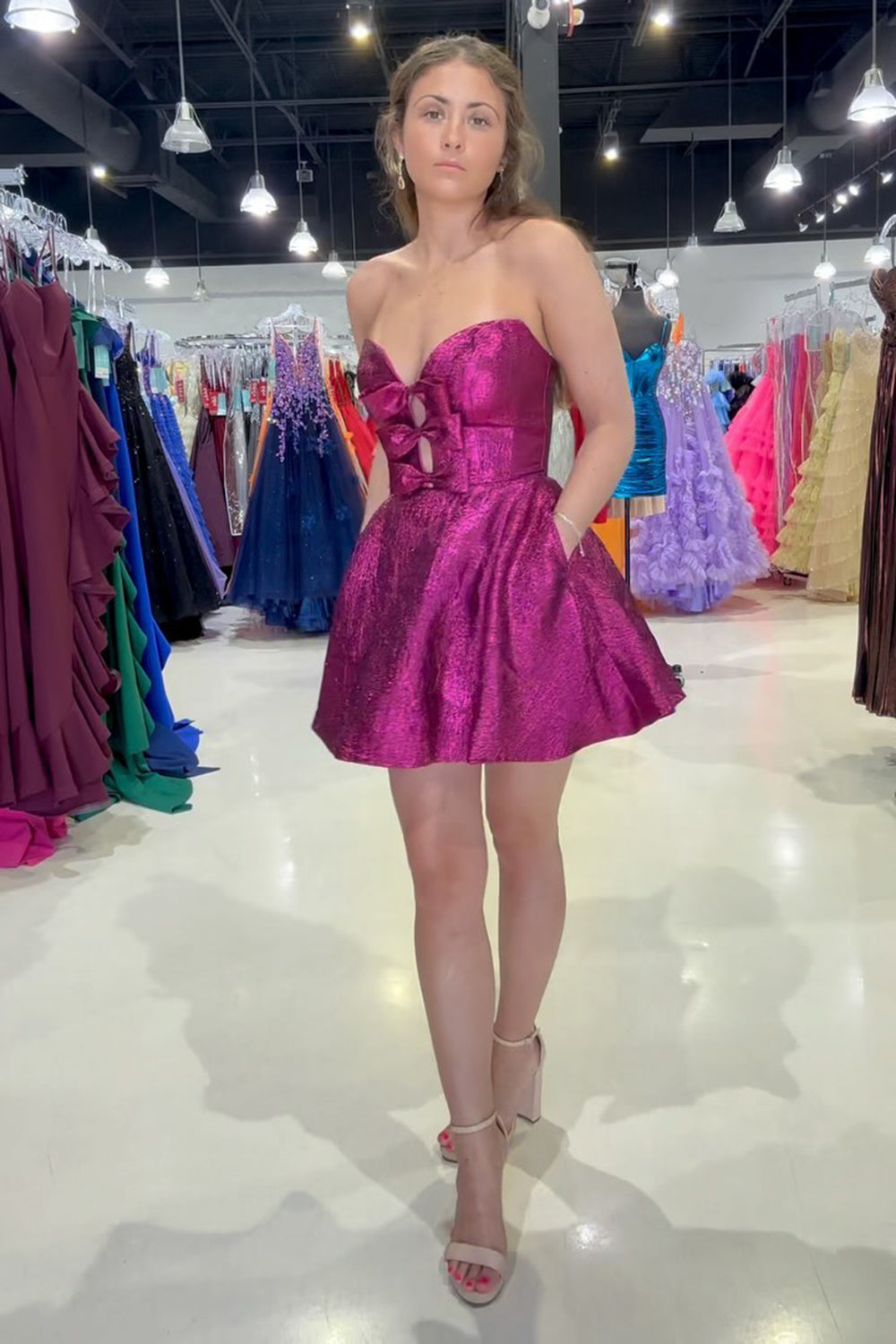 Fuchsia Strapless A Line Short Homecoming Dress with Pockets