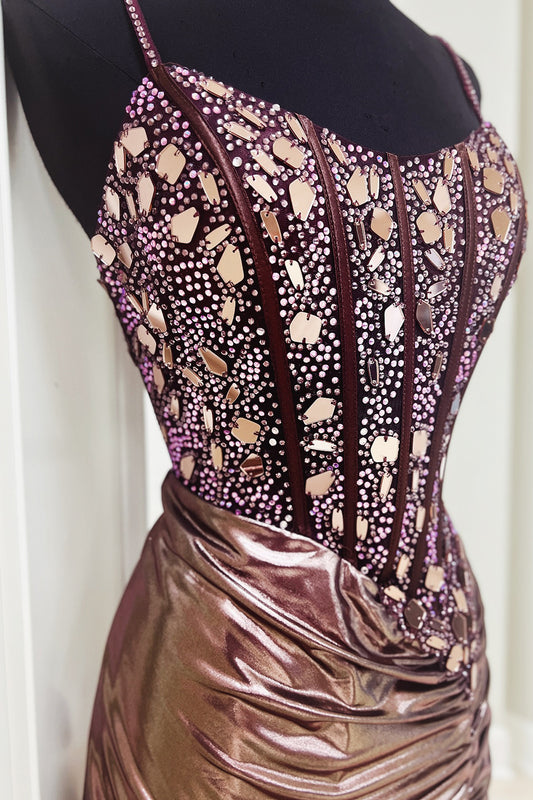 Sparkly Rose Gold Mirror Beaded Tight Short Homecoming Dress