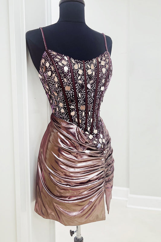 Sparkly Rose Gold Mirror Beaded Tight Short Homecoming Dress