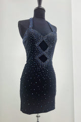 Sparkly Navy Beaded Halter Tight Short Homecoming Dress