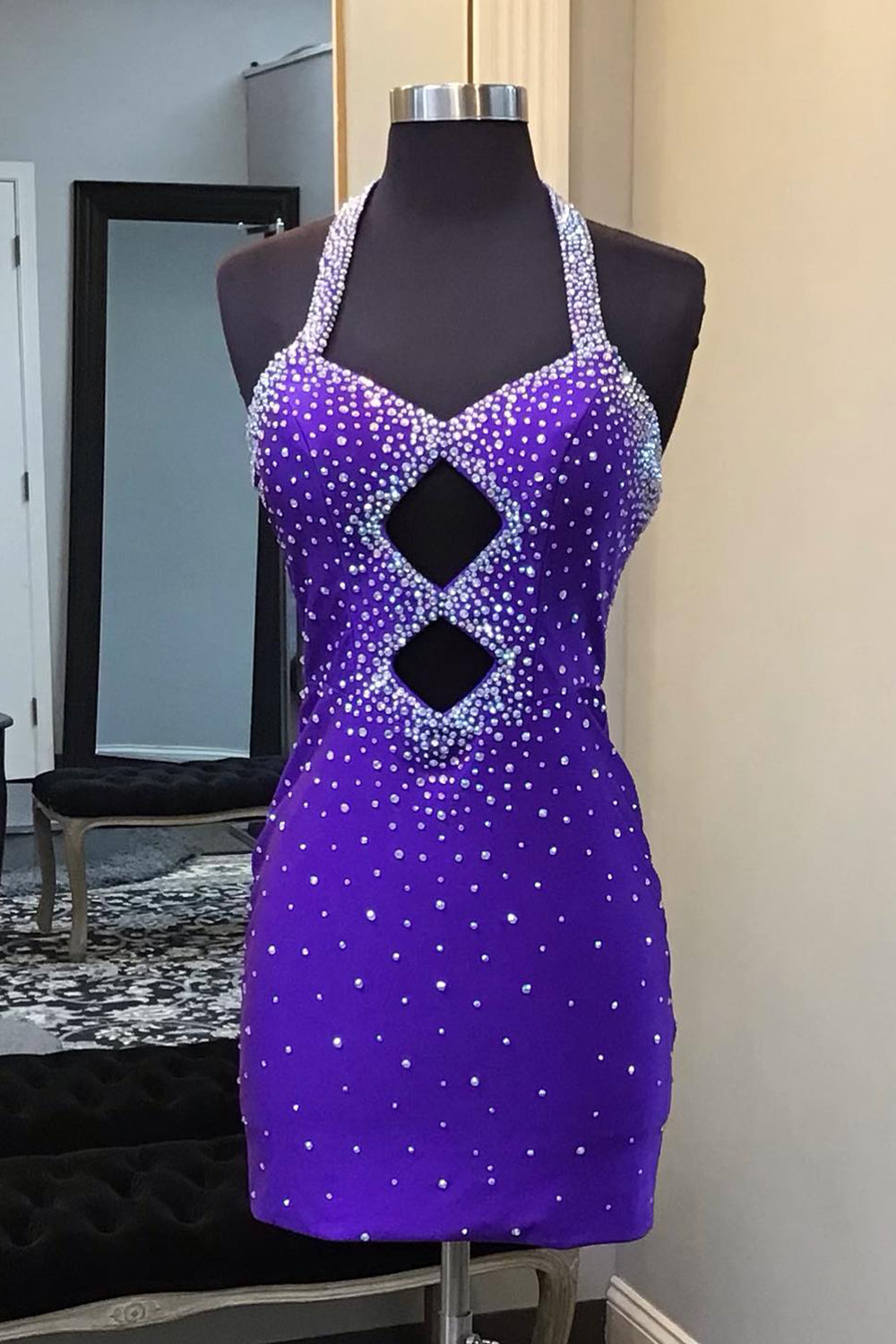 Sparkly Navy Beaded Halter Tight Short Homecoming Dress