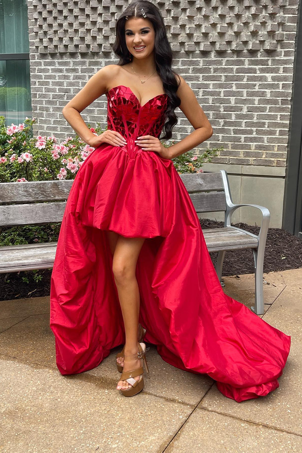 Red Mirror Strapless Corset High Low Homecoming Dress