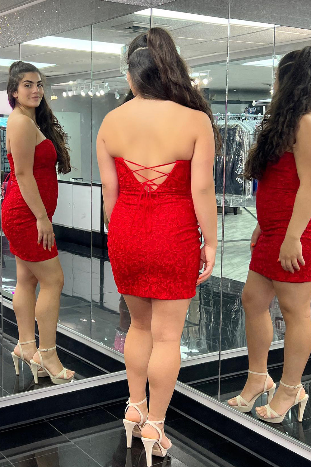 Red Strapless Tight Short Homecoming Dress with Lace