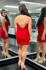 Red Strapless Tight Short Homecoming Dress with Lace