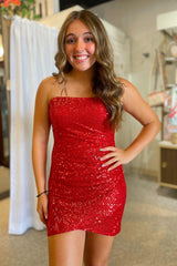 Red Sparkly Strapless Tight Short Homecoming Dress with Sequins