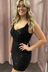 Sparkly Black Corset Tight Short Sequins Homecoming Dress