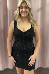 Sparkly Black Corset Tight Short Sequins Homecoming Dress